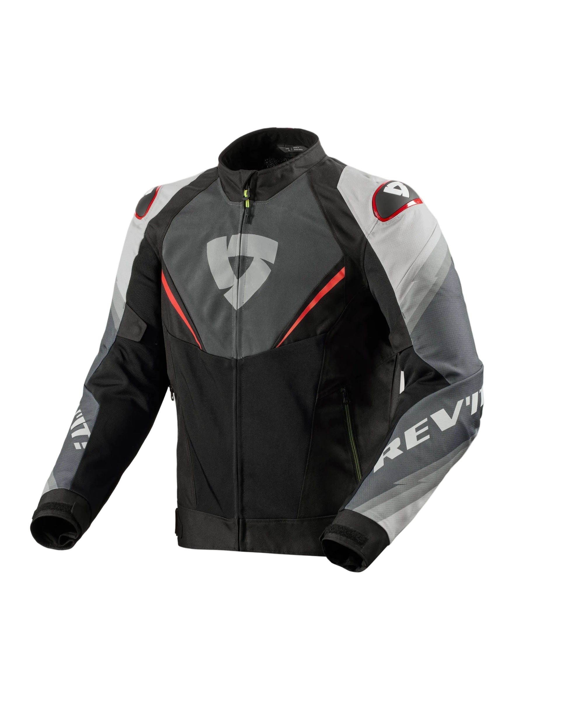 Black, gray, and red motorcycle jacket with Rev'it logo on a white background