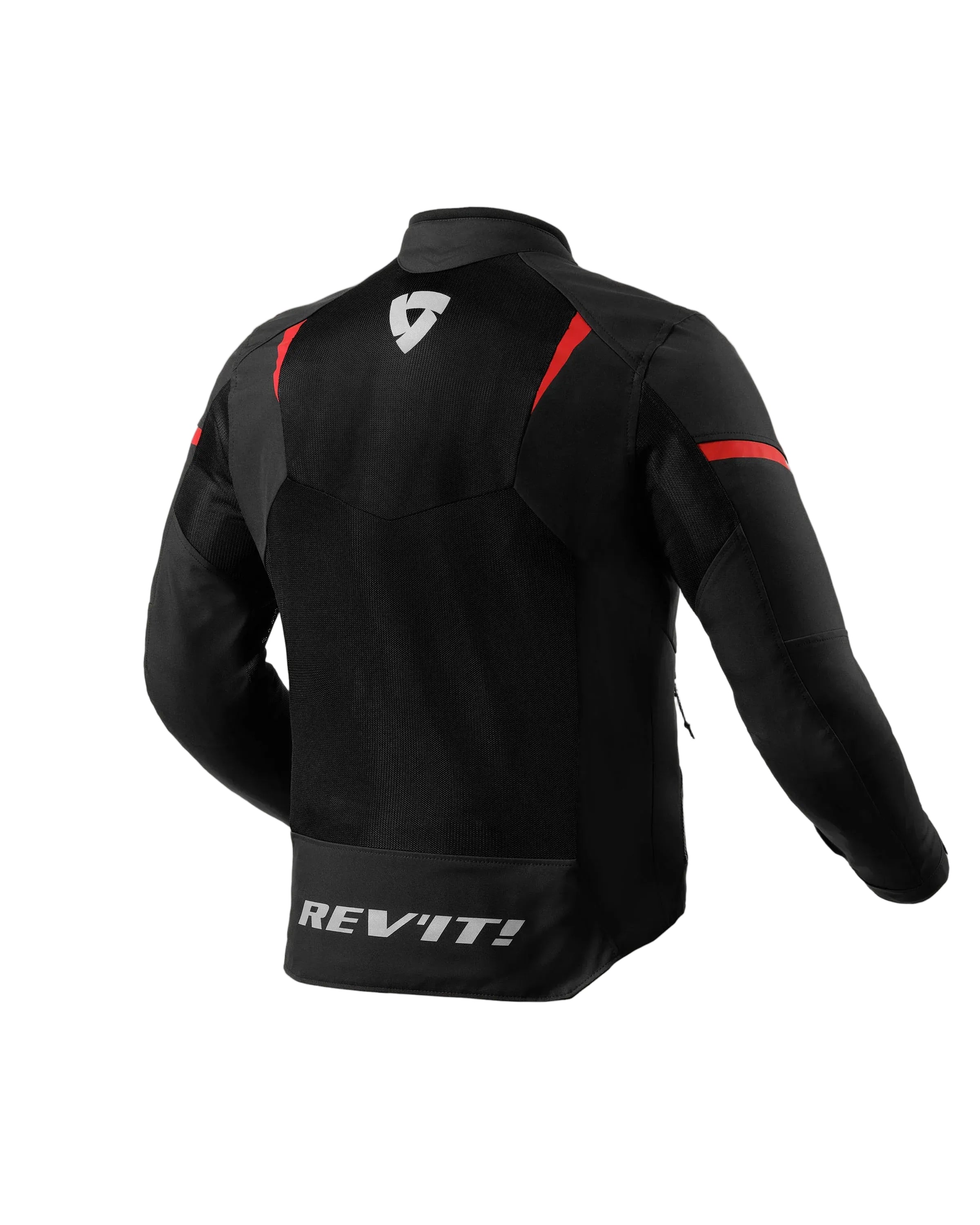 Black motorcycle jacket with red accents on a white background, featuring the Revit brand.
