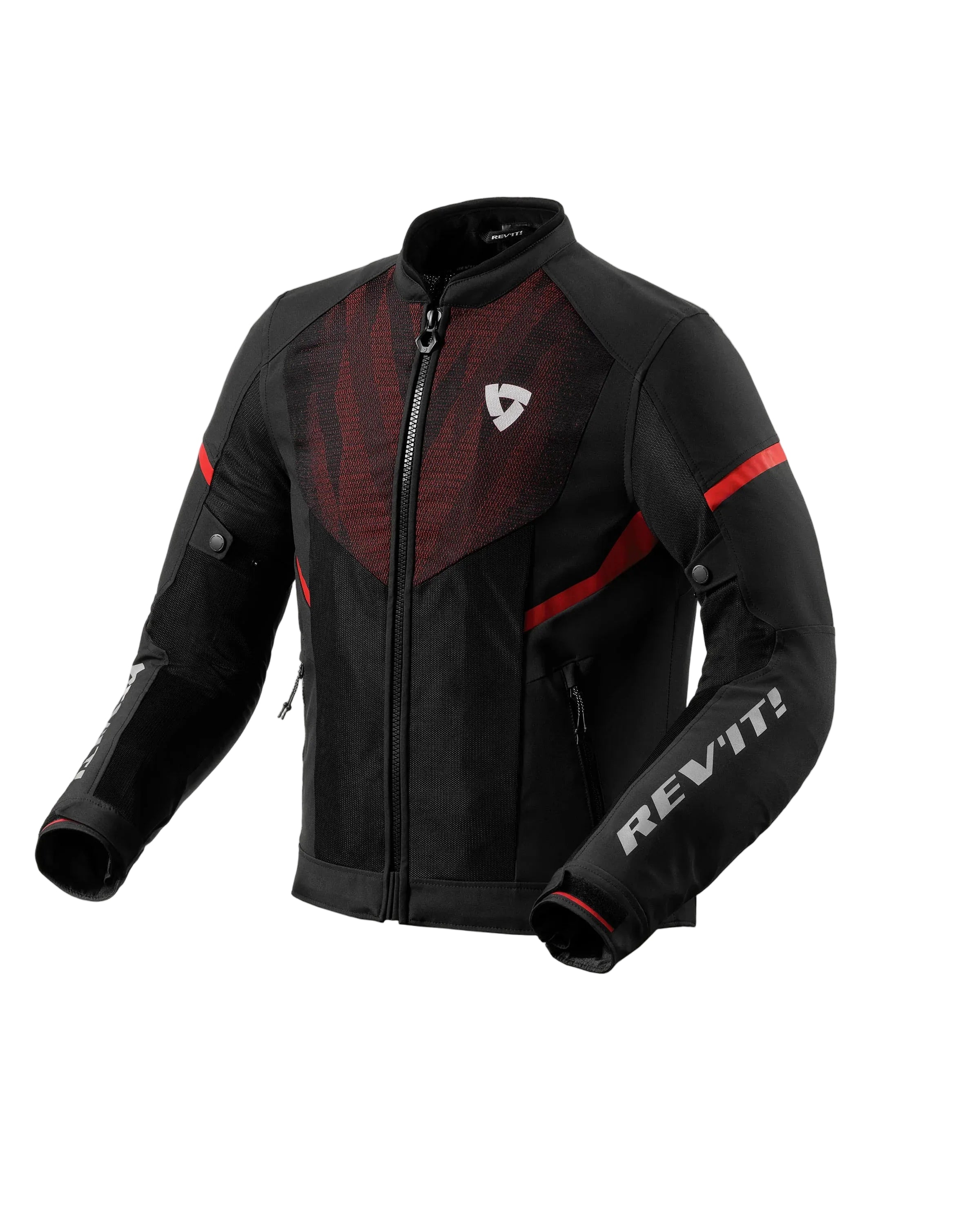 Black motorcycle jacket with red accents and Revit branding on a light gray background