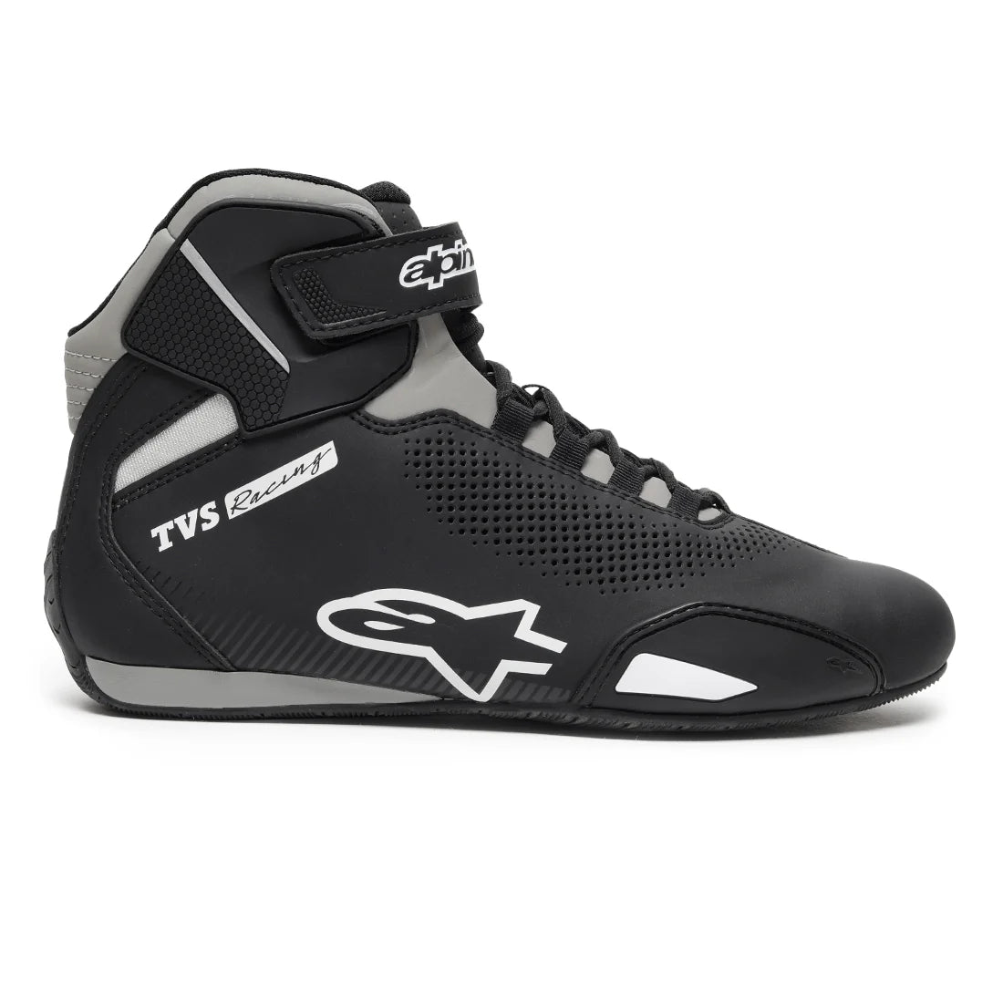 TVS Racing x Alpinestars Black Motorcycle Riding Shoes Side View