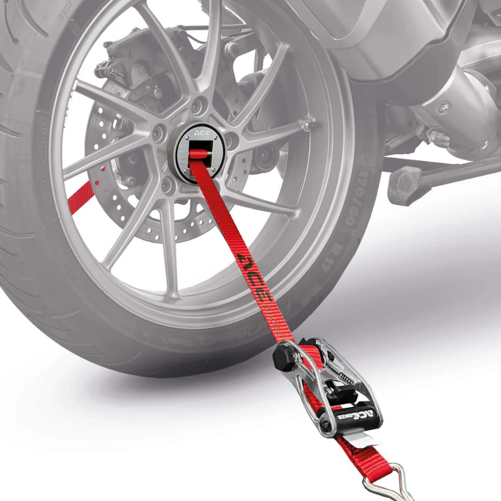 AceBikes CapStrap BMW motorcycle rear axle tie-down strap
