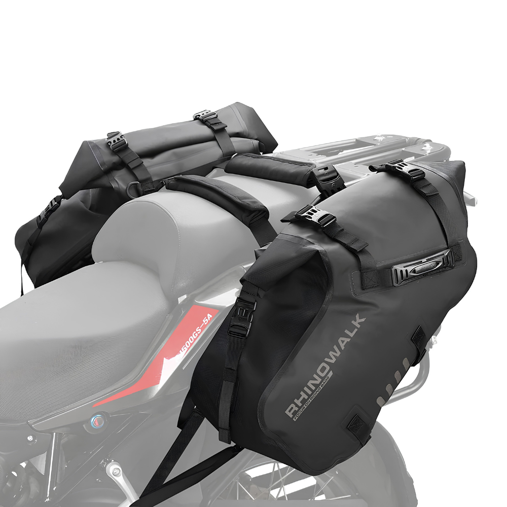 Rhinowalk rackless waterproof motorcycle pannier bags for adventure and touring motorcycles