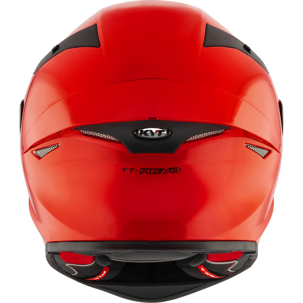 Red motorcycle helmet with black accents on a white background