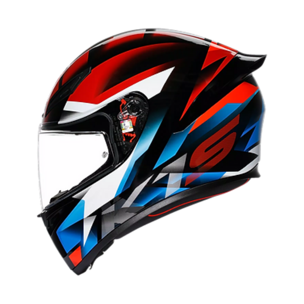 Colorful motorcycle helmet with black, red, blue, and white design on a white background
