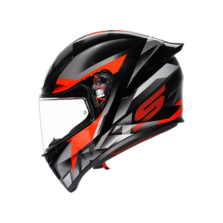 Black and red motorcycle helmet on a white background