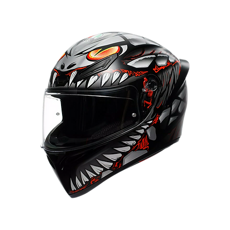 Black motorcycle helmet with red and white designs on a white background