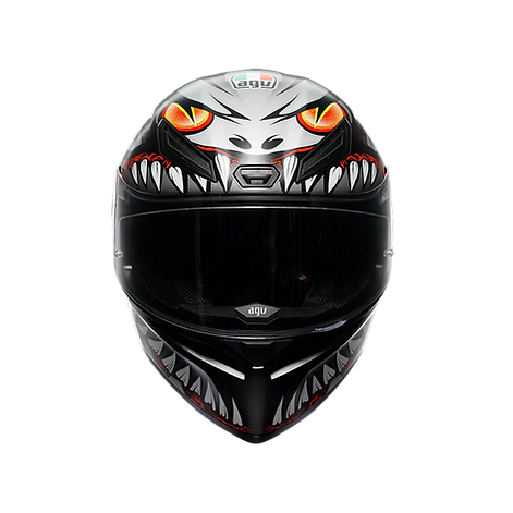 Black motorcycle helmet with a fierce design on a white background