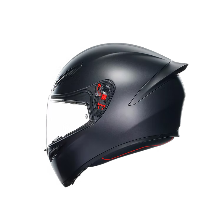 Black motorcycle helmet with clear visor on a white background