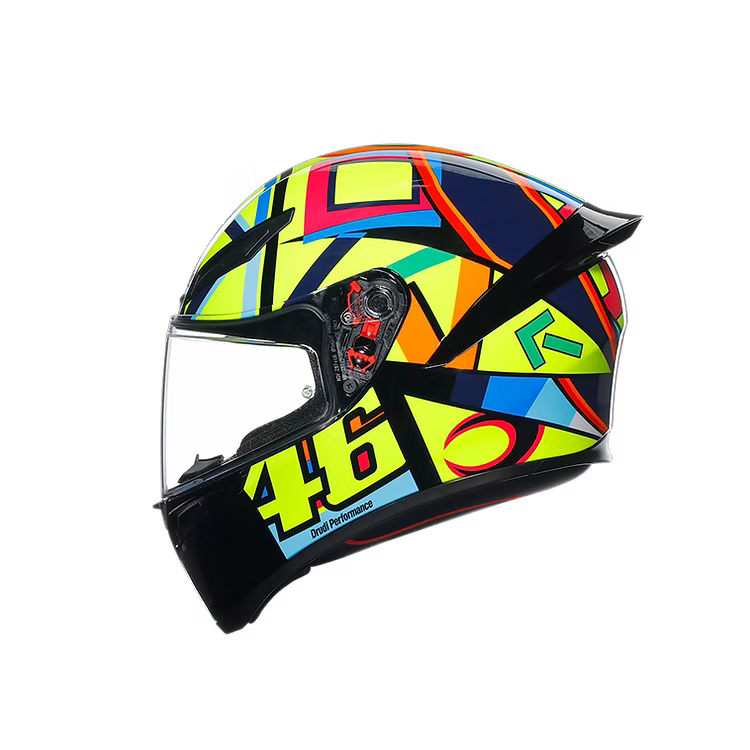 Colorful motorcycle helmet with a visor on a white background