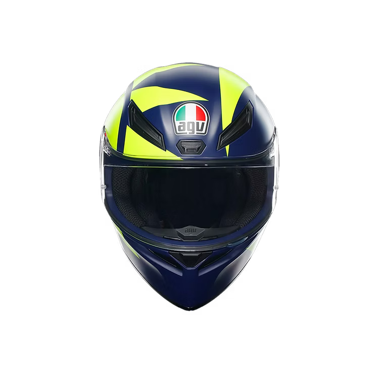 Motorcycle helmet with a blue and yellow design on a white background