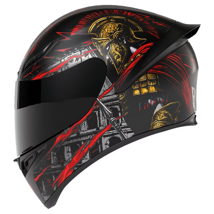 Motorcycle helmet with black, red, and gold design on a white background