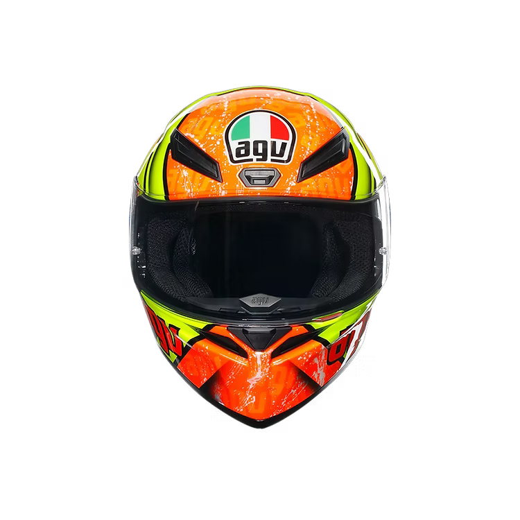 Motorcycle helmet with colorful design and Agv logo on a white background