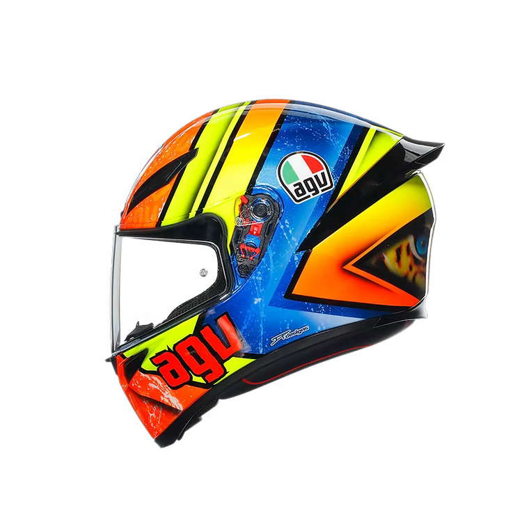 Colorful motorcycle helmet with Agv logo on a white background