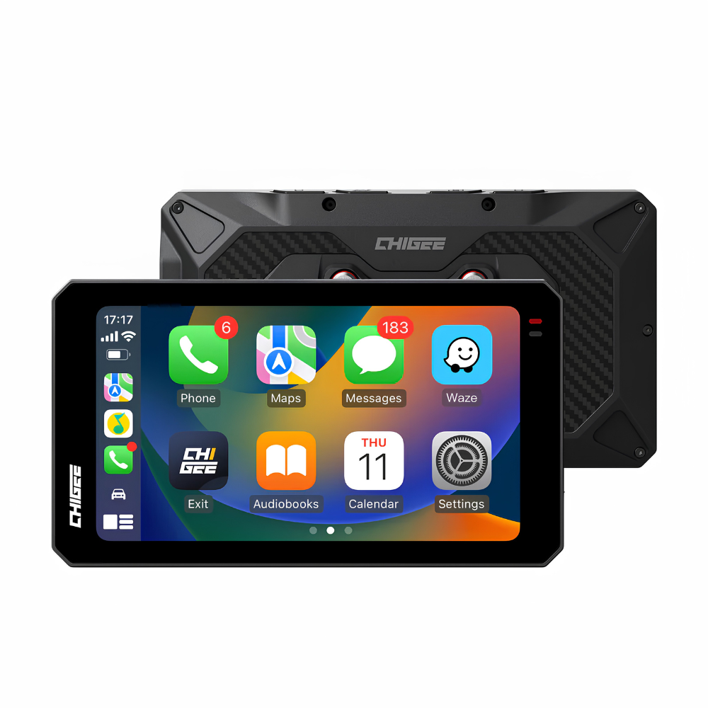 CHIGEE AIO-6 Max smart riding display with bright touchscreen designed for motorcycle navigation and riding data.