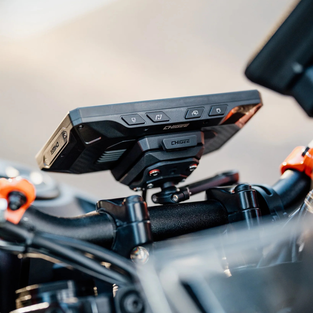 Angled view of the CHIGEE AIO-6 Max motorcycle display showing the robust construction and display profile.