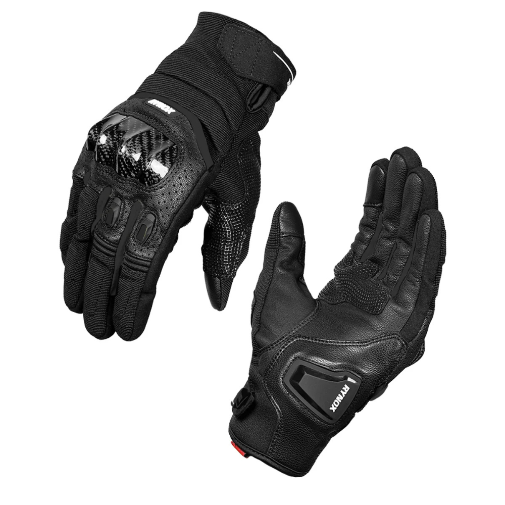 Rynox Striker GT motorcycle riding gloves in All Black with carbon-fibre floating knuckle protection