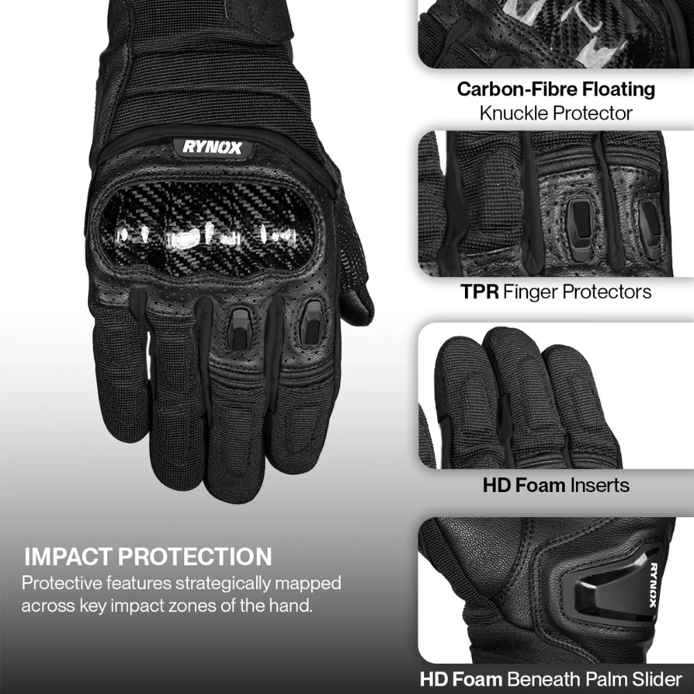 Black Rynox tactical motorcycle glove with feature callouts showing carbon-fibre floating knuckle protector, TPR finger protectors, HD foam inserts, and HD foam beneath palm slider on a white and gray background.