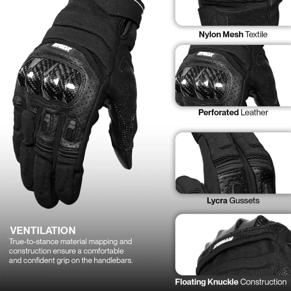Black motorcycle gloves with feature callouts including nylon mesh textile, perforated leather, Lycra gussets, and floating knuckle construction.