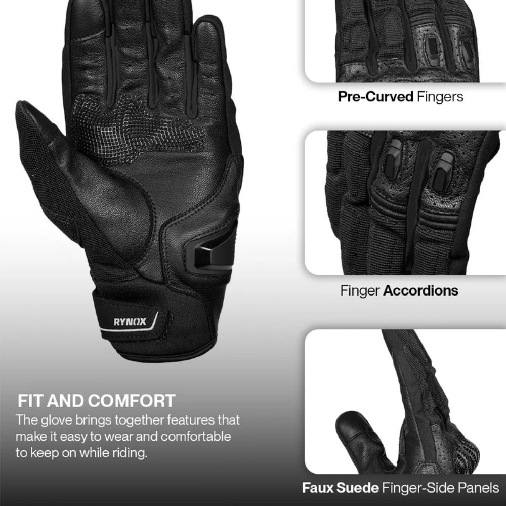 Black motorcycle riding gloves by RYNOX, featuring a main view of the glove with text highlighting comfort features, plus three inset detail views showing pre-curved fingers, finger accordion panels, and faux suede finger-side panels.