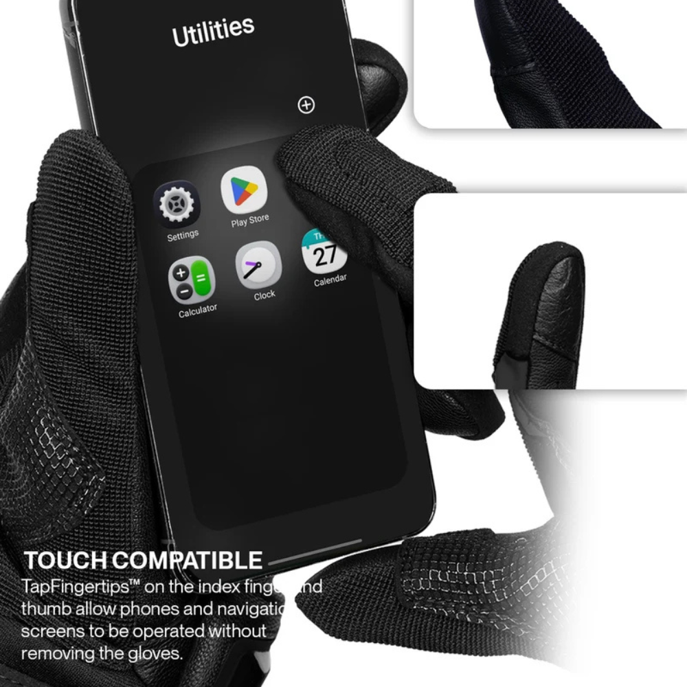 Black touchscreen-compatible gloves shown holding a smartphone, with inset close-ups of the fingertips touching the screen and text noting touch compatibility.
