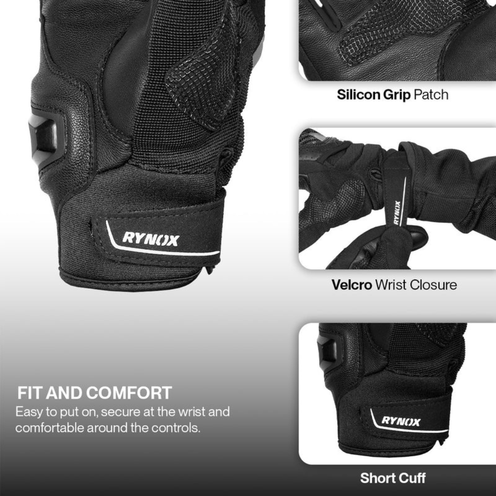 Black Rynox motorcycle gloves shown with feature callouts: a large close-up of the glove, a silicone grip patch detail, a Velcro wrist closure detail, and a short cuff view. Text on the image highlights fit and comfort.