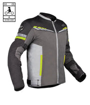 Gray motorcycle jacket with black and yellow accents on a white background - Grey Hi-Viz Green