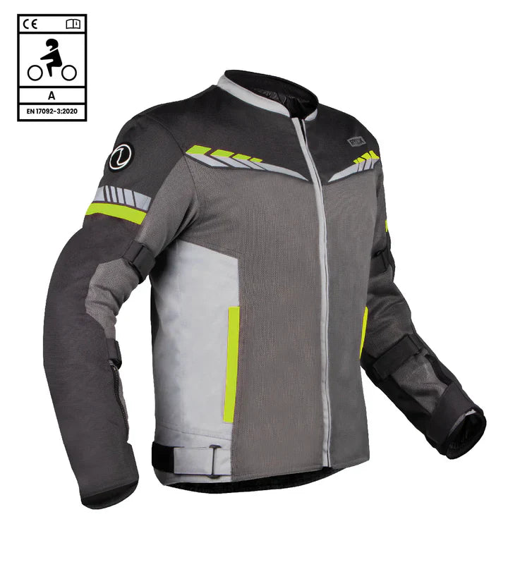 Gray motorcycle jacket with black and yellow accents on a white background - Grey Hi-Viz Green
