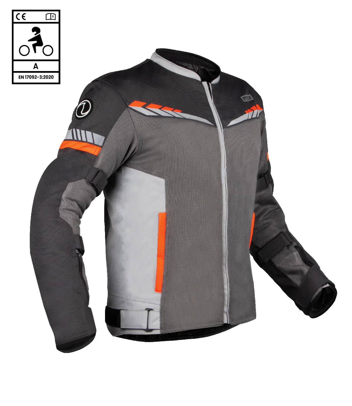 Gray and black motorcycle jacket with orange accents on a white background - Grey Hi-Viz Orange