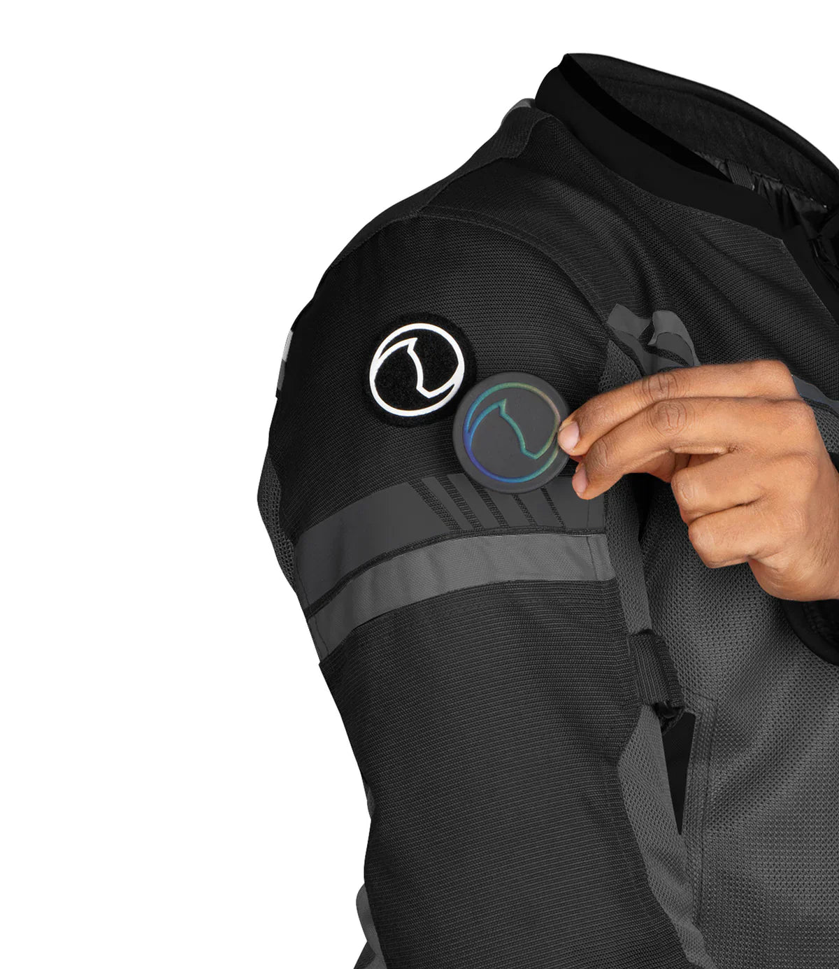 Black jacket with a hand interacting with a button on a white background - Black Grey