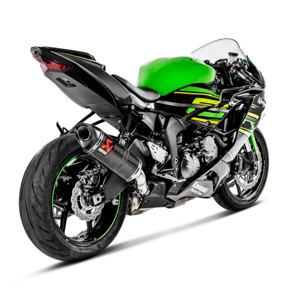 Kawasaki Ninja ZX-6R Akrapovič Slip-On Line Carbon Exhaust front view with carbon-fibre muffler | 6KIOM