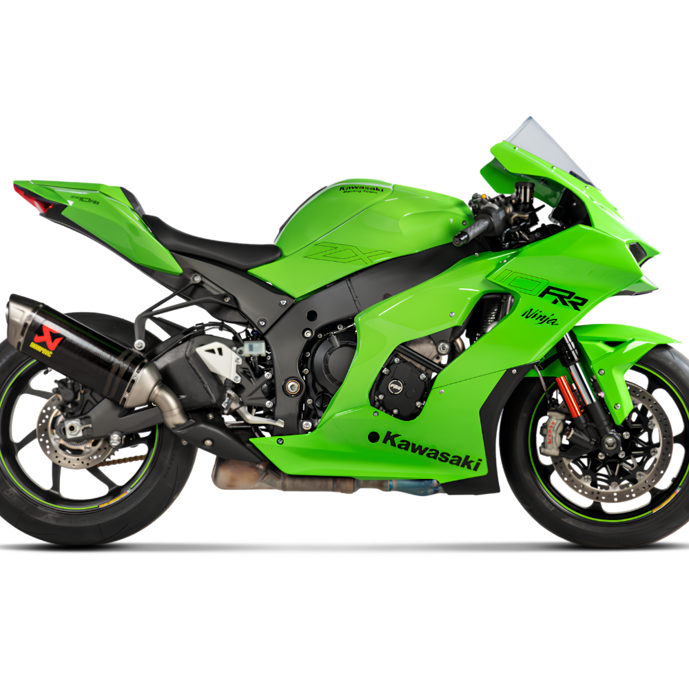 Carbon finish Akrapovic Slip-On Line exhaust for Kawasaki Ninja ZX-10R (2021+) showcasing a compact sportbike profile.