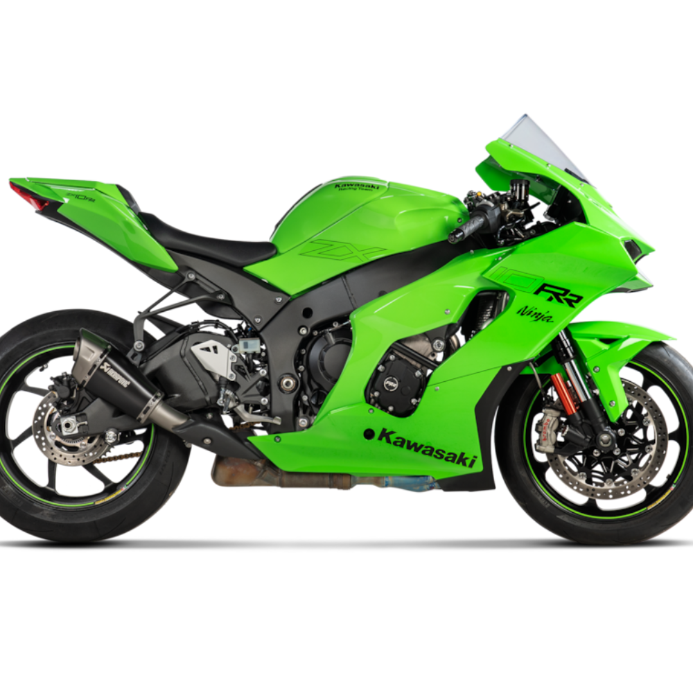 Titanium Akrapovic Slip-On Line exhaust for Kawasaki Ninja ZX-10R (2021+) showcasing a sleek performance-focused silencer.