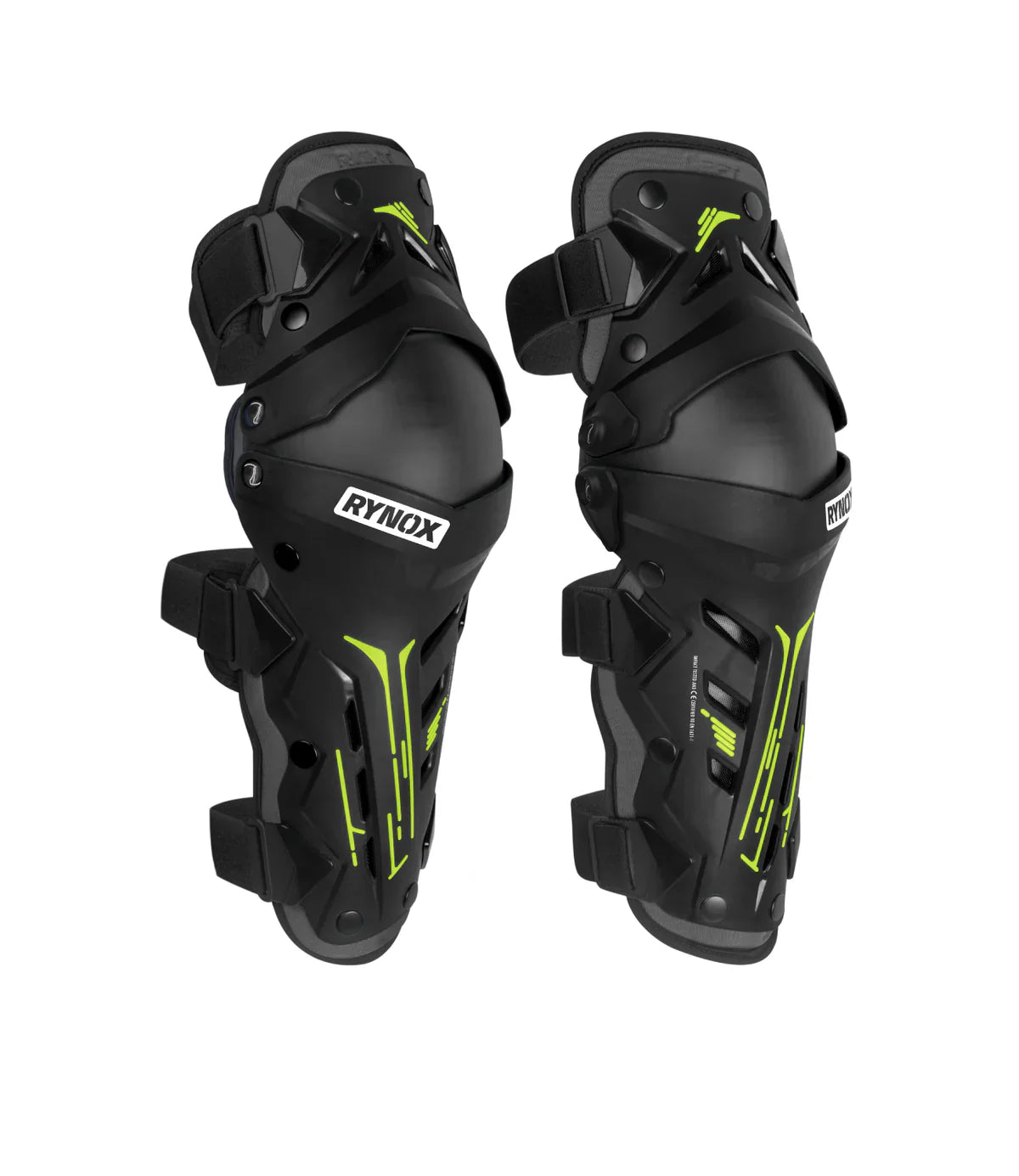 Black knee pads with green accents and 'Rynox' branding on a white background