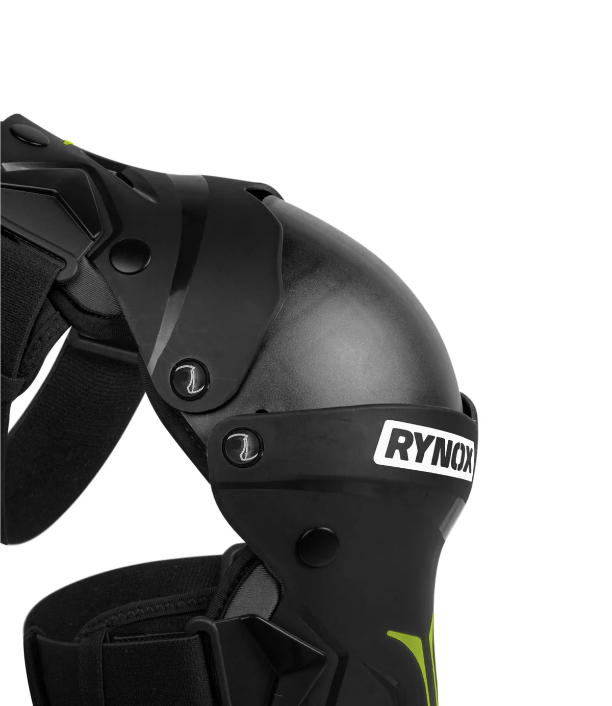 Black protective knee pad with Rynox branding on a white background