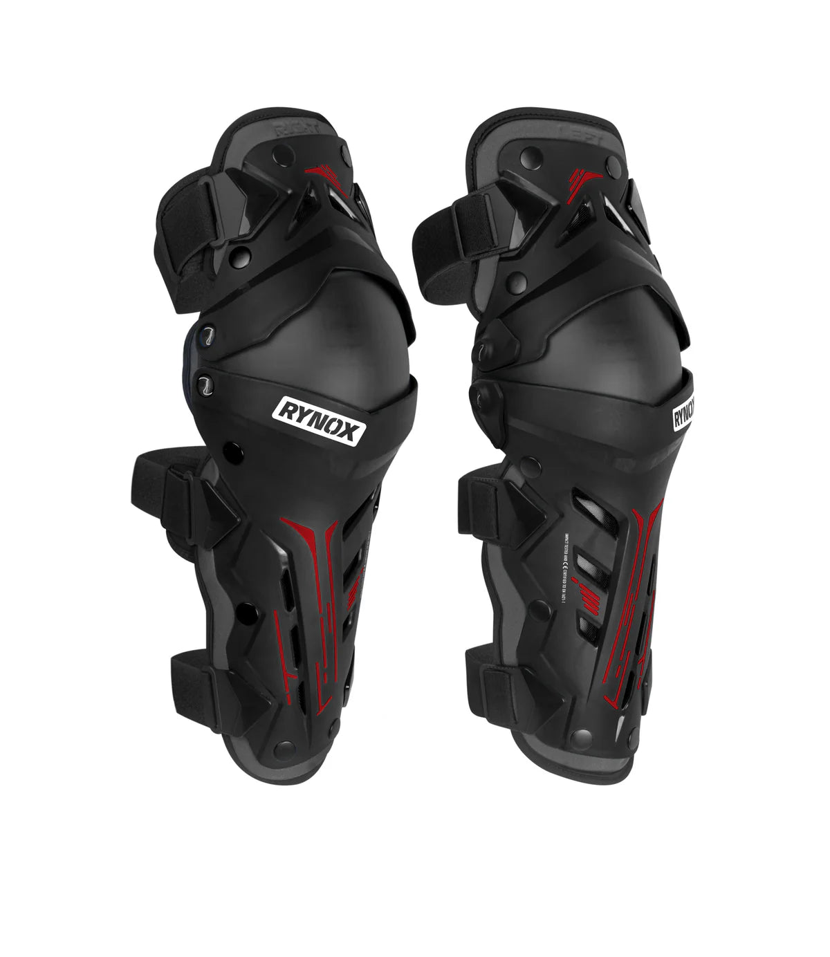 Pair of black knee guards with red accents on a white background, featuring the Rynox brand.