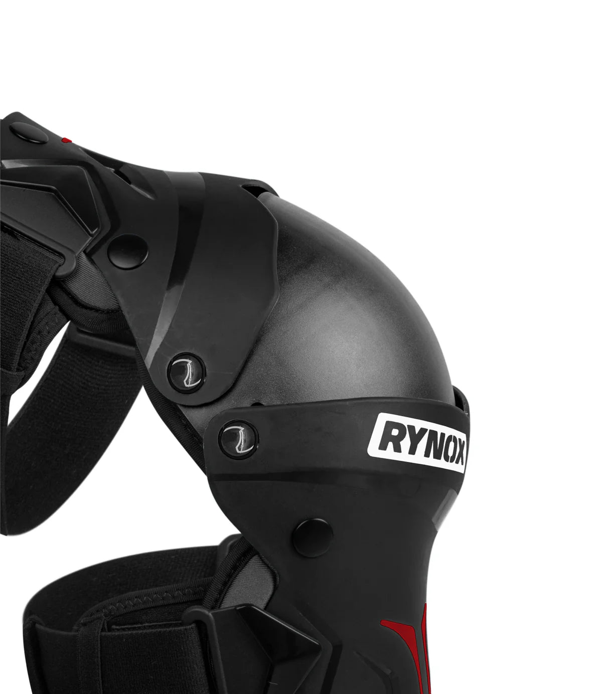 Black protective knee pad with Rynox branding on a white background