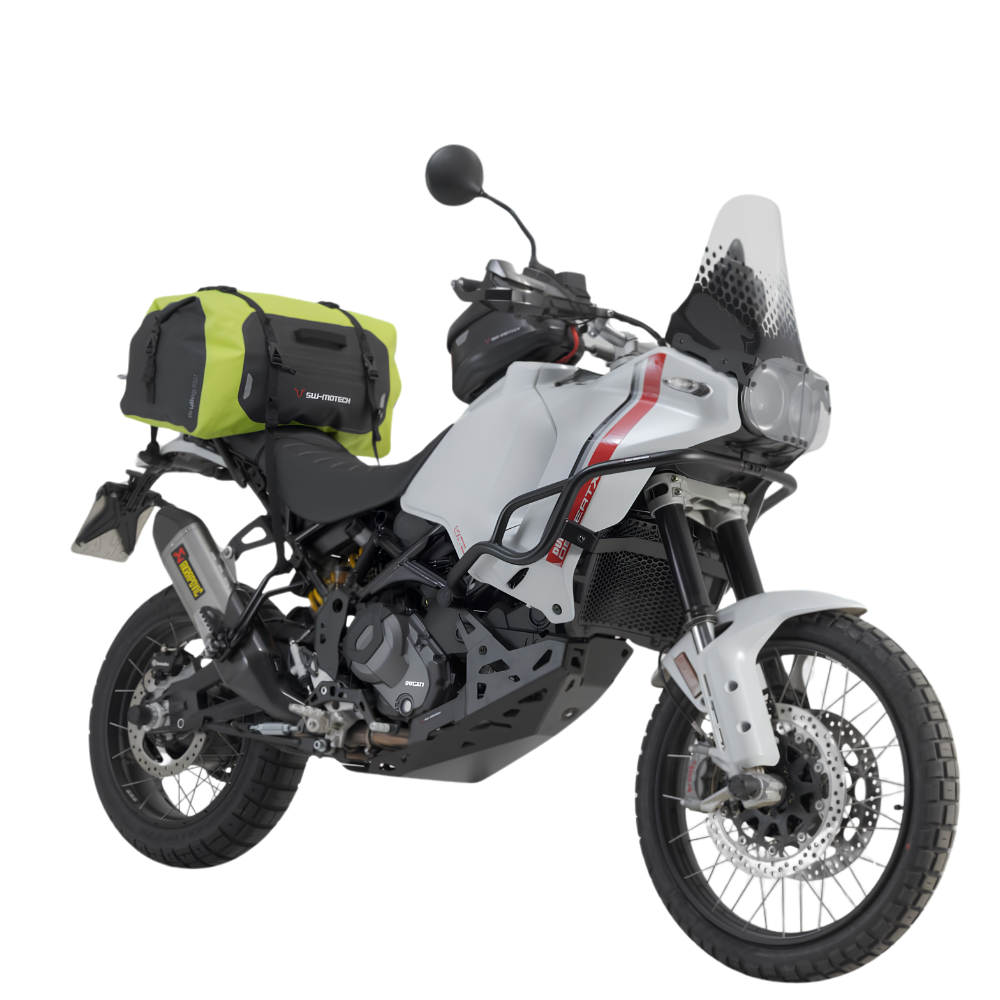 SW-MOTECH Drybag 350 tail bag strapped to a motorcycle passenger seat for touring
