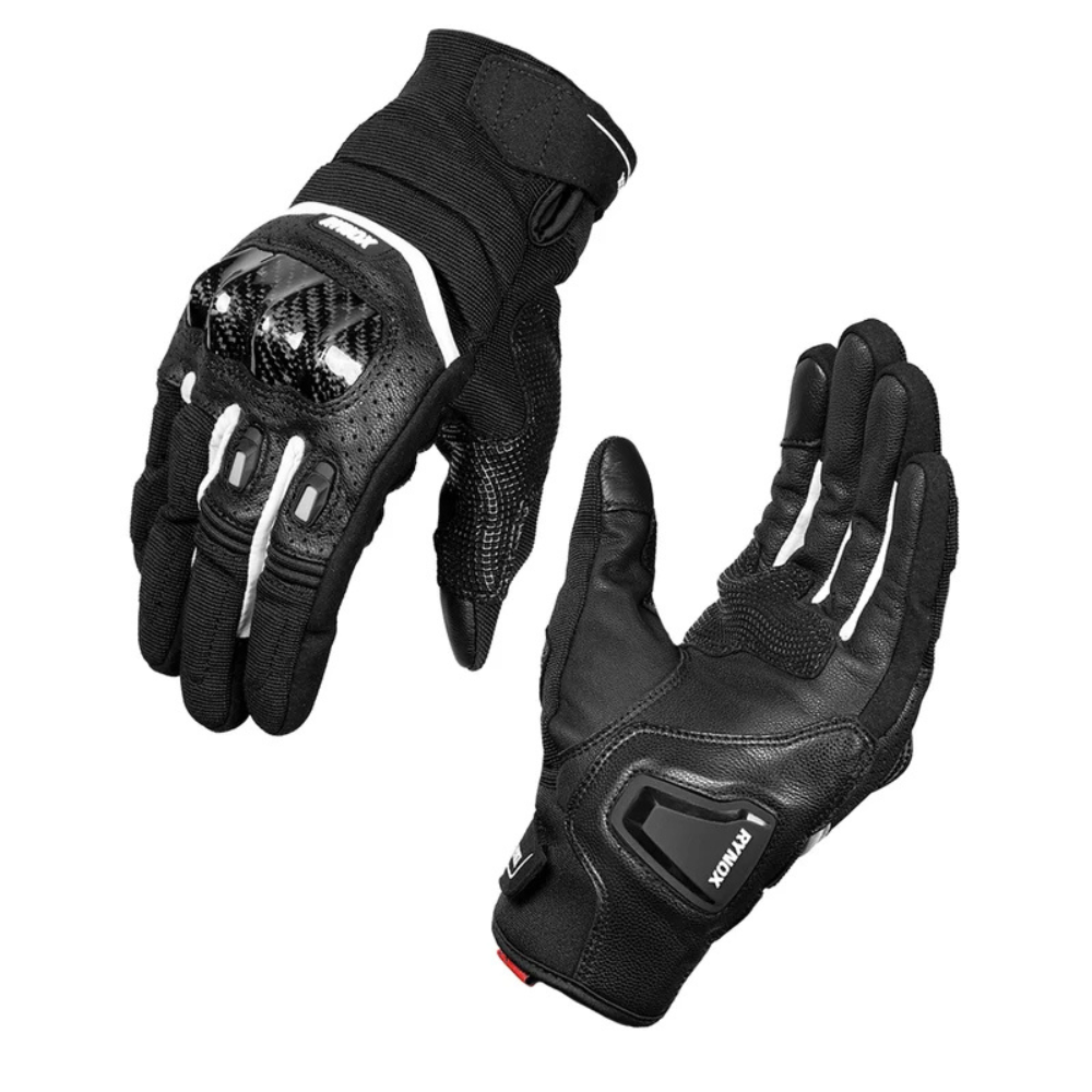 Rynox Striker GT motorcycle riding gloves in Black White with carbon-fibre floating knuckle protection