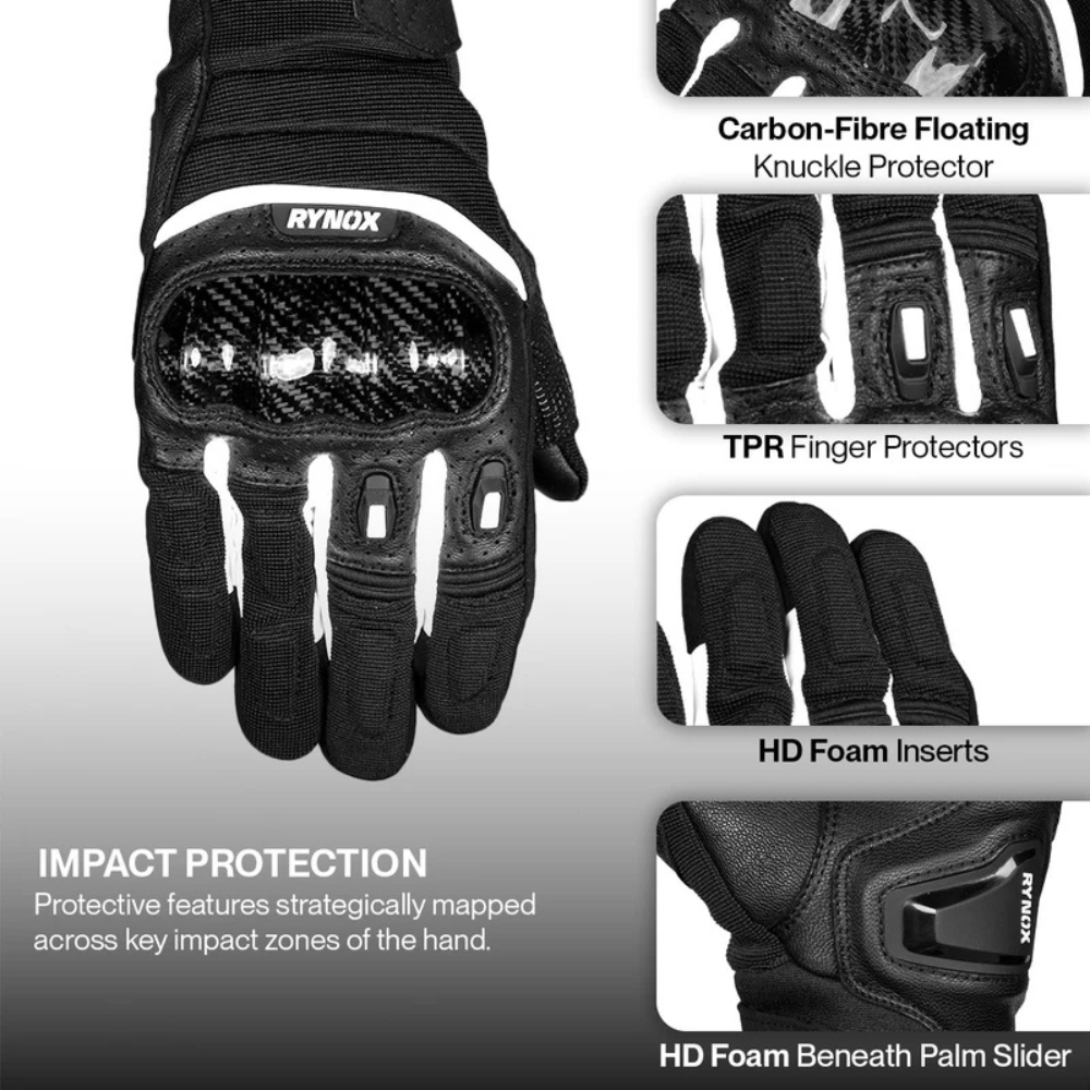 Rynox Striker GT Black White motorcycle gloves with leather, mesh and perforated ventilation panels