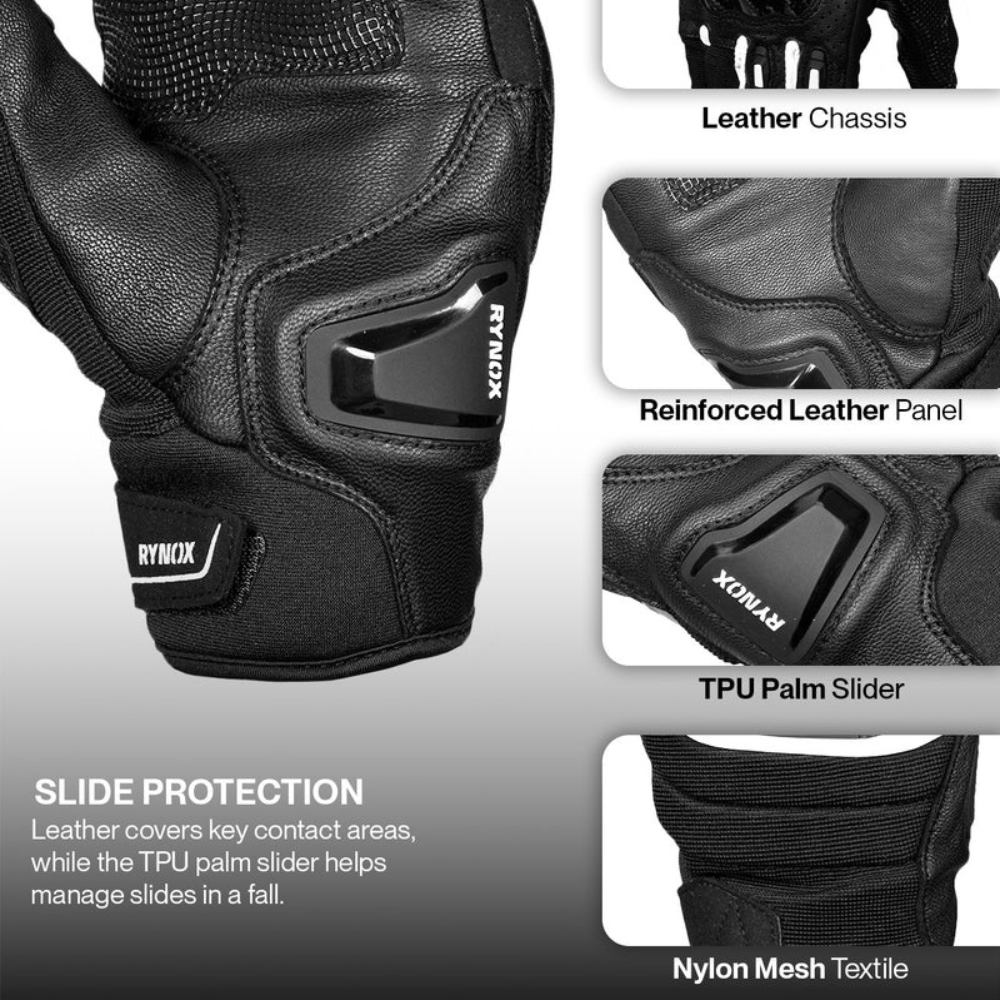 Black Rynox snowboard gloves with detailed feature callouts showing the leather chassis, reinforced leather panel, TPU palm slider, and nylon mesh textile, with text explaining slide protection.