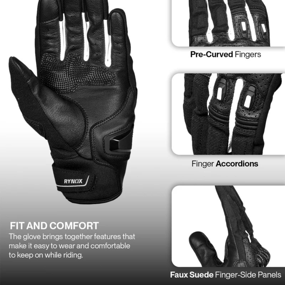 Black RYNOX motorcycle glove shown from the back, with inset close-ups of the fingers labeled Pre-Curved Fingers, Finger Accordsions, and Faux Suede Finger-Side Panels, plus marketing text about fit and comfort.