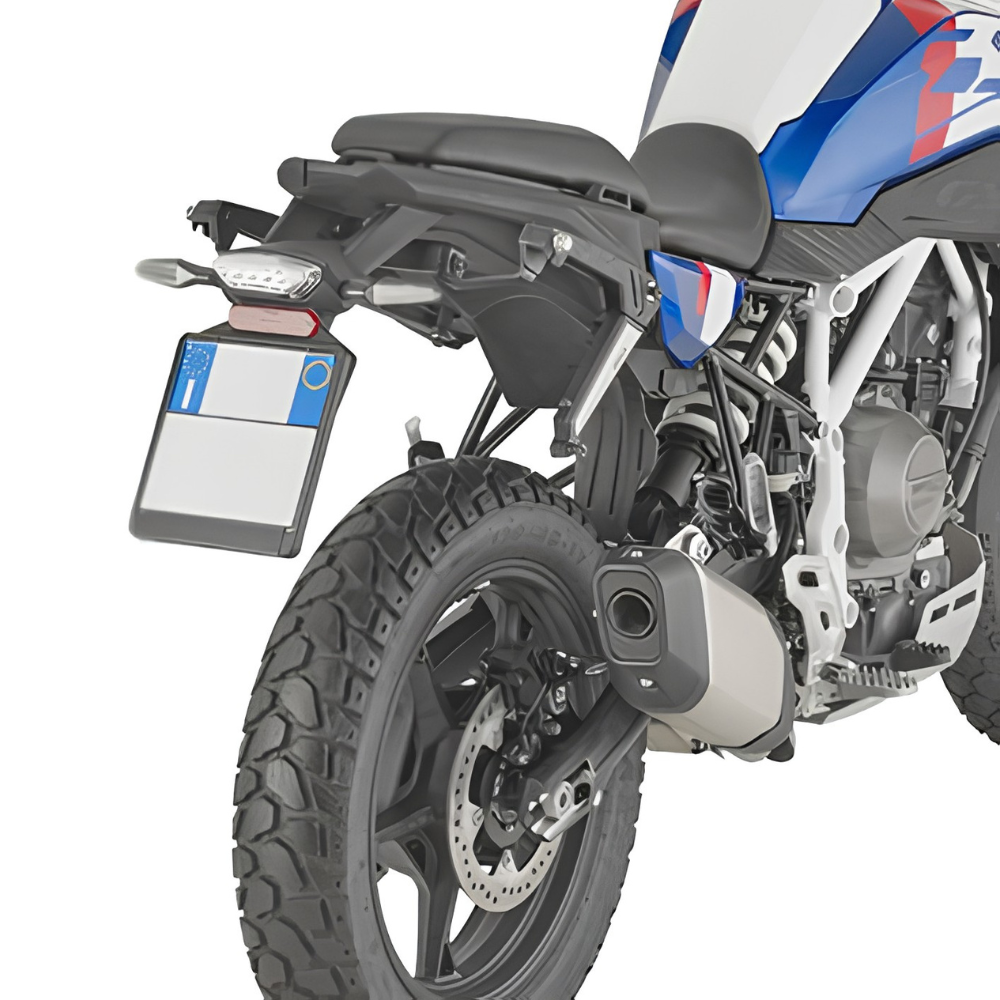 Rear view of a motorcycle with a black rear luggage rack and license plate holder, mounted BMW-F-450-GS-_2026_-STL5155-Saddle-Stay-GIVI