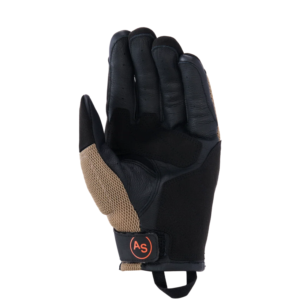 Close-up of Alpinestars Manti Air glove palm showing synthetic suede and external seam construction