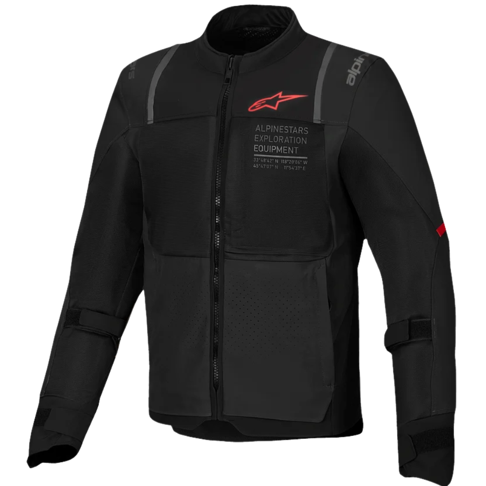 A black Alpinestars motorcycle jacket with a full front zipper, featuring a red Alpinestars logo on the left chest and white text on the right chest, displayed on a clean white background.