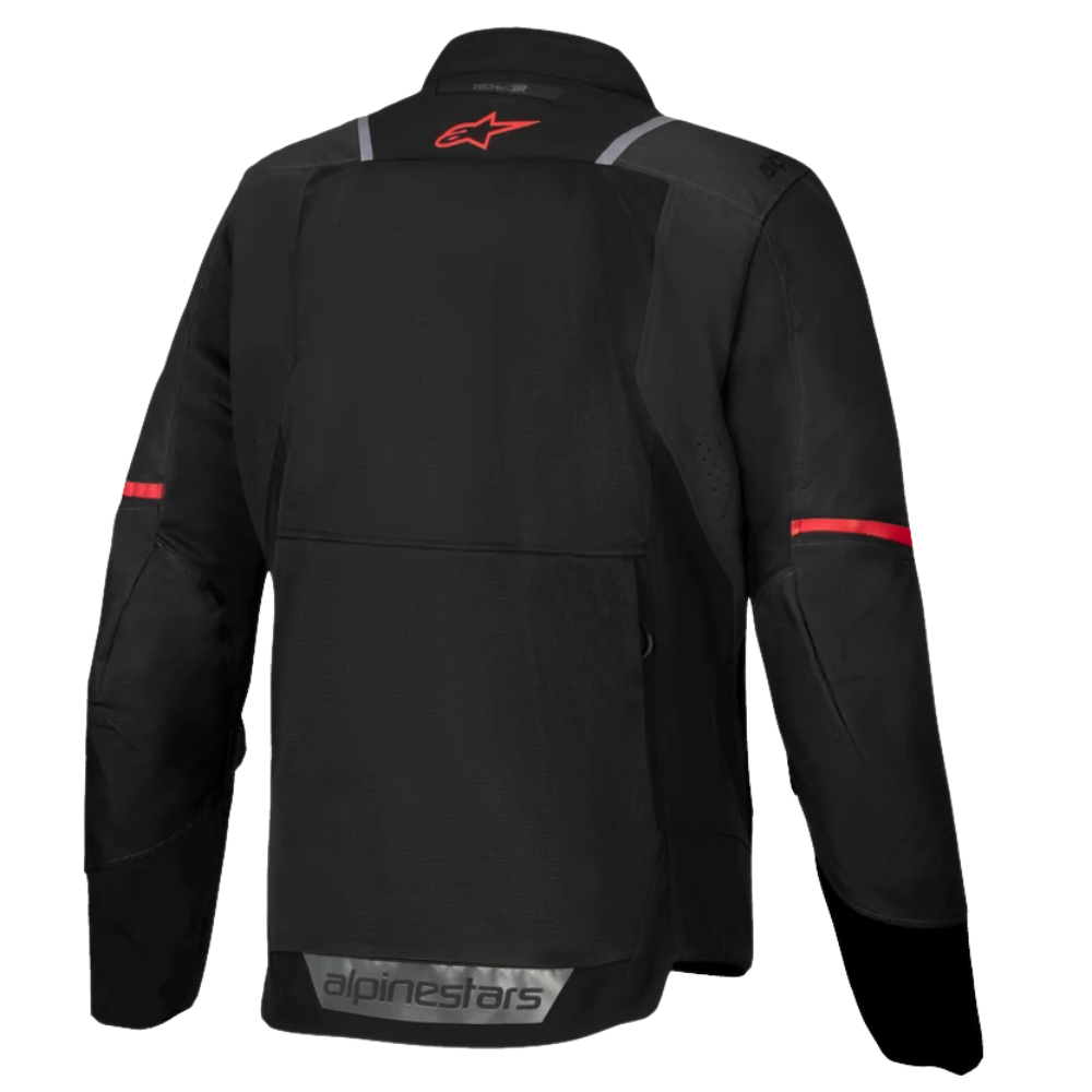 Black Alpinestars motorcycle jacket shown from the back, featuring a red star logo on the upper back, red stripe accents on the sleeves, and a gray Alpinestars logo on the lower back.