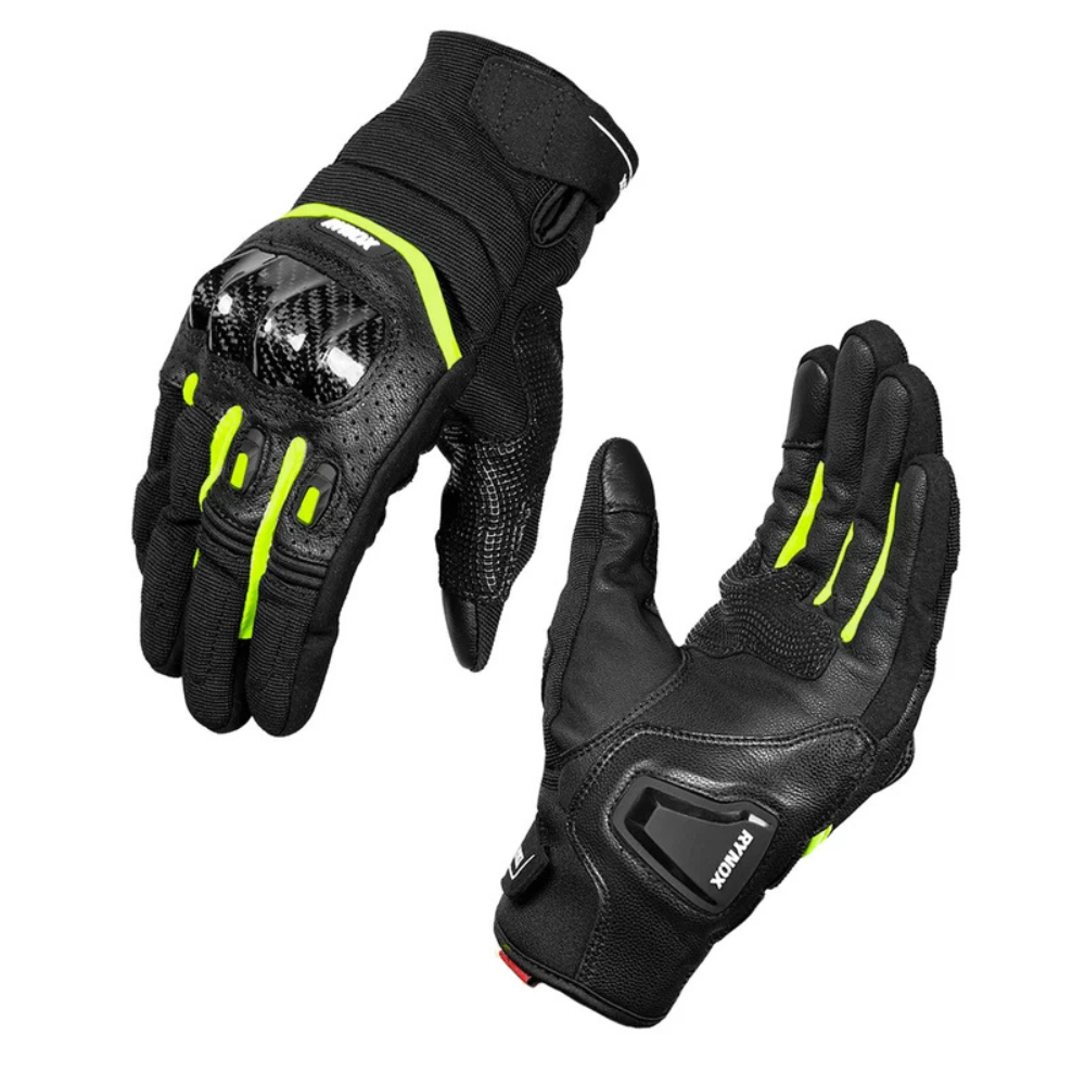 Rynox Striker GT motorcycle riding gloves in Black Hi-Viz Green with carbon-fibre knuckle protection