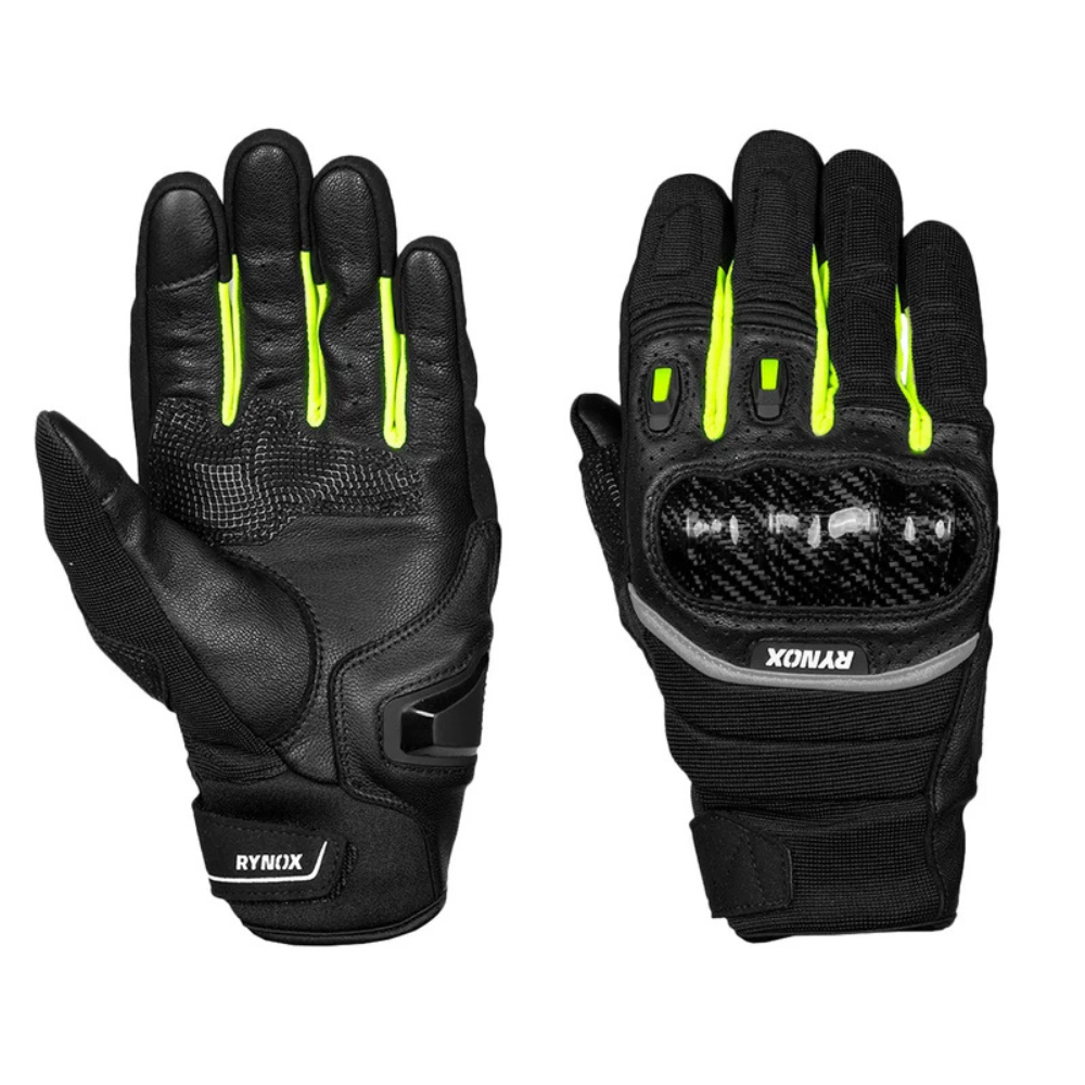 Rynox Striker GT Black Hi-Viz Green gloves with TPU palm slider and short-cuff riding design