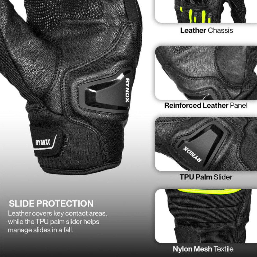 Black Rynox winter gloves with feature callouts showing the leather chassis, reinforced leather panel, TPU palm slider, and nylon mesh textile, with explanatory text about slide protection.