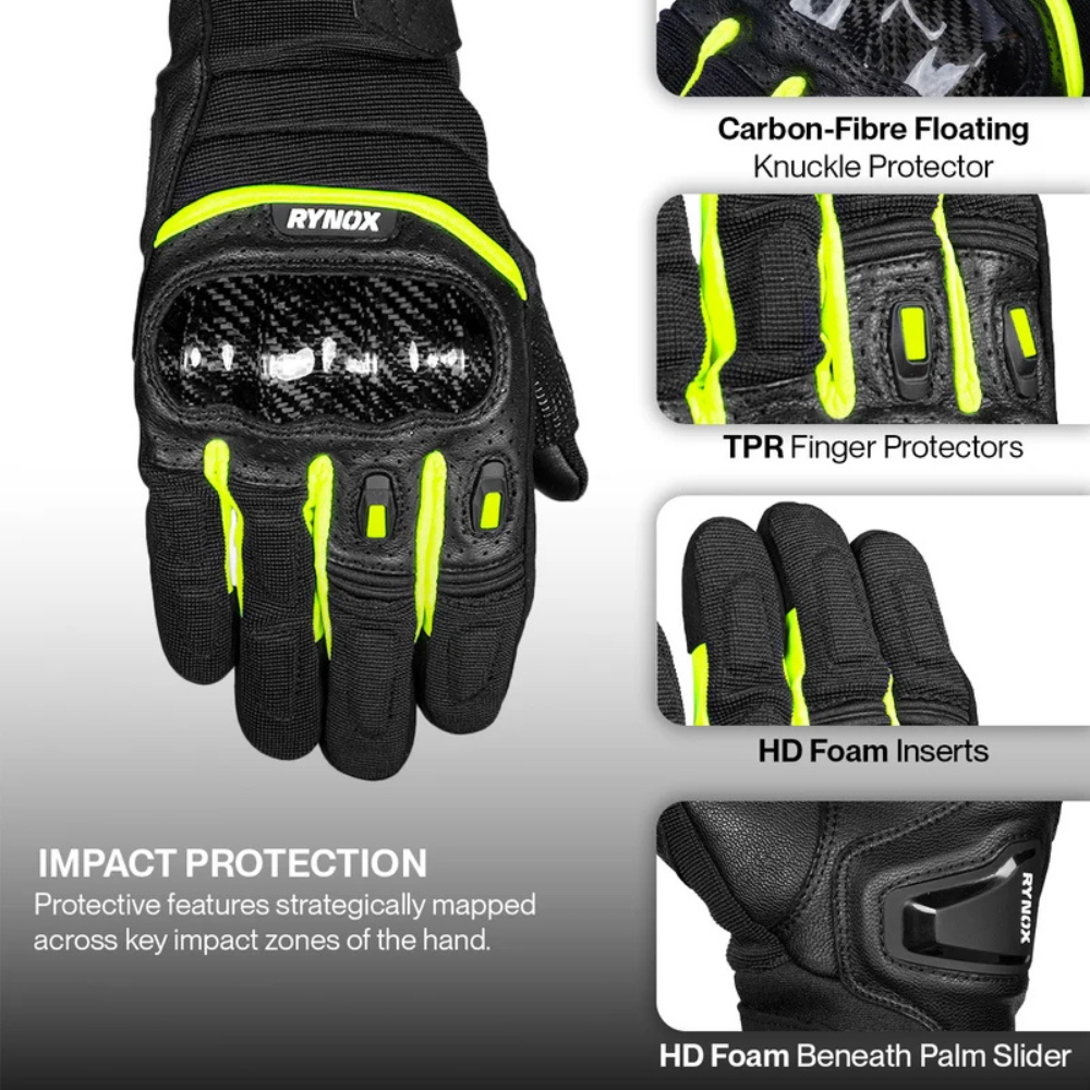 Black Rynox motorcycle gloves with bright neon yellow-green accents, shown with feature callout panels and text describing impact protection, carbon-fibre floating knuckle protector, TPR finger protectors, and HD foam inserts.