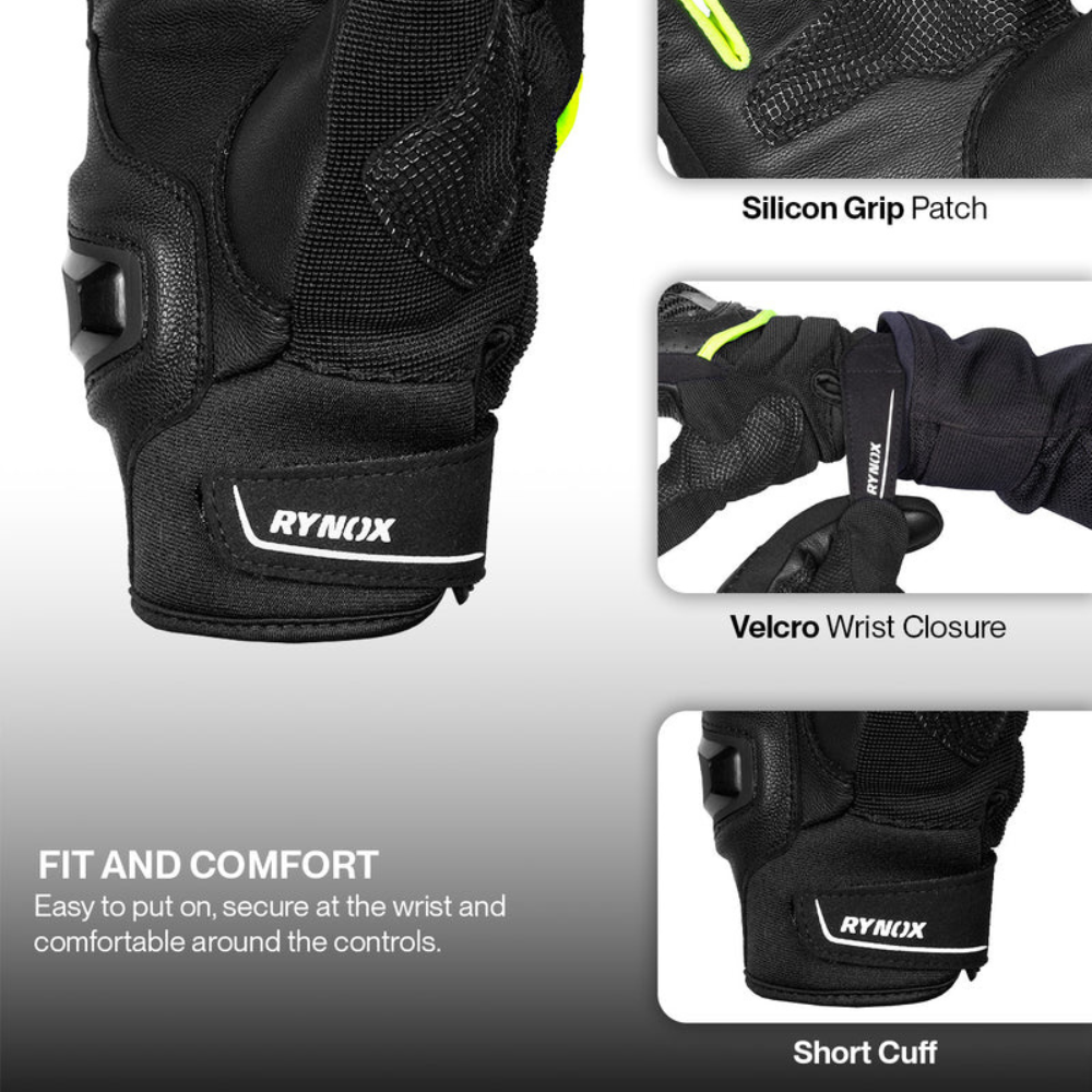Black Rynox motorcycle gloves shown in a feature-focused composite layout with close-ups of the wrist strap, a silicone grip patch, Velcro wrist closure, and short cuff design. Text callouts describe the features.